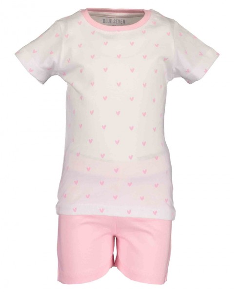 BlueSeven, Pyjama mit kurzer Hose - Oberteil in weiß mit Herzchen, Hose in rosa