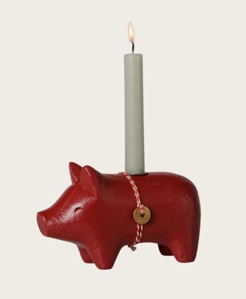 Holzkerzenhalter Schwein, Klein, rot