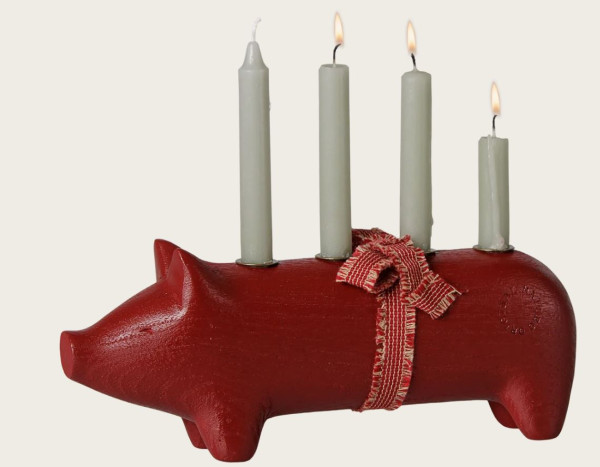 Holzkerzenhalter Schwein, Advent Medium rot