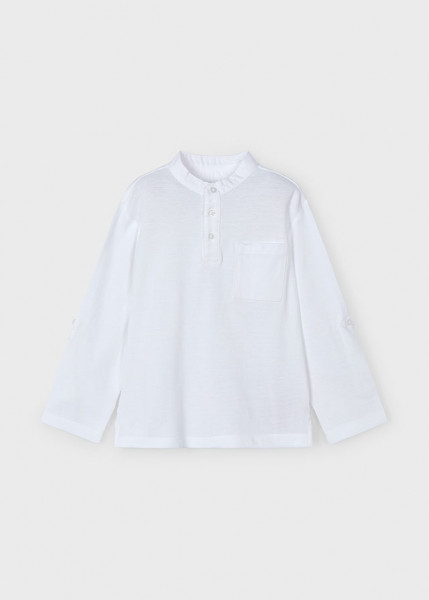 Polo langarm Mao Kragen, weiss