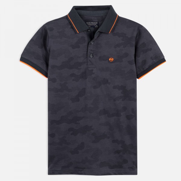 Nukutavake, Poloshirt in dunkel/Blei leicht gemustert mit orangen Applikation