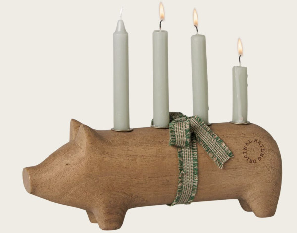 Holzkerzenhalter Schwein, Advent Medium natur