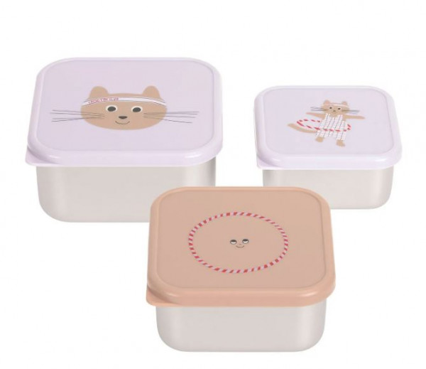 Snackbox 3er Set, Edelstahl Brotdose Tiny Team Katze