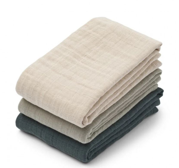 Bio Baumwollmusselin Tuch 3er Pack, 65x65 Dove blue mix